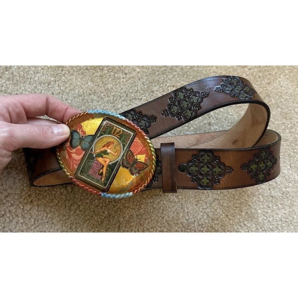 Tooled Leather Belt Butterfly Art Resin Buckle USA Bohemian L Psychedelic Pin Up